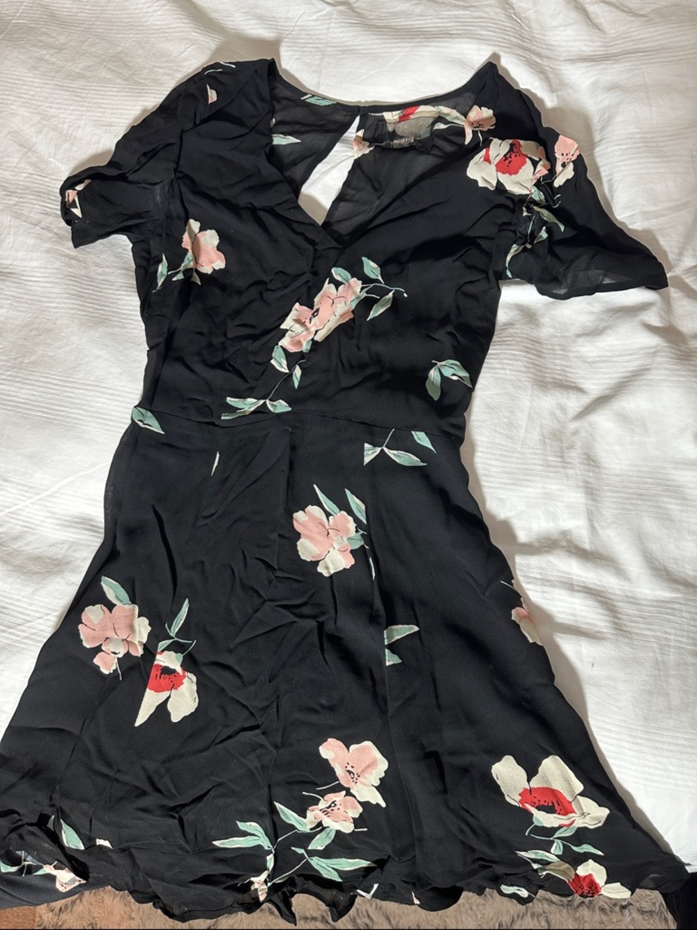 Reformation Black Floral Mini Dress with Pink & Cream Blooms